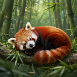 red panda sleeping in a bamboo forrest, cinematic, photoreal, digital painting, 8k resolution, beautiful