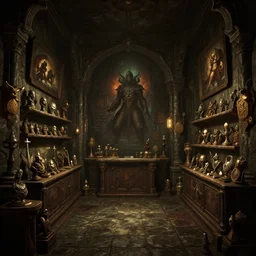 dark shop interior by Bastien Lecouffe-Deharme and Charles Bowater, Greg Rutkowski, adventure game, inspired by Diablo concept art