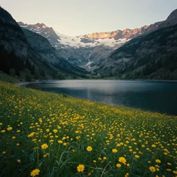 photo of epic alpine lake landscape in spring, first light, yellow flowers, cinematic, cinematic, art by michael shainblum,