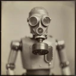 1800s photo of a robot, round goggles, gas mask-inspired, sepia, faded, blurry, blurry, blurry, creepy, daguerreotype