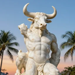 marble sculpture of moloch, digital art, classical art, sharp focus, clear sky, muscular bull headed man, tropical sunset