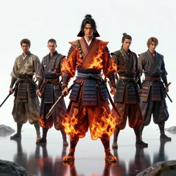 cinematic shots of samurai with clothing of fire intricate illustrations by artgerm, greg rutkowski, eng killian and, digital illustration, over - detailed, clear, crisp, smooth, bright colors, stone, dnr, unreal engine, about reflection, rtx reflection, artstation