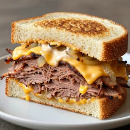 a photograph of a rueben sandwich filled with so much cornbeef - pastrami that the sandwich is 5 times taller than other sandwiches, it looks mouth watering with melting cheeses and grilled onions, 1 0 0 0 island dressing and pumpernickle bread cooked to perfection, food photography