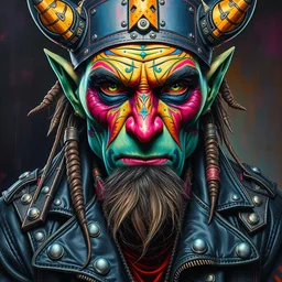 portrait of an apocalyptic scifi orcish biker character by michael whelan, vibrant psychedelic colors, futuristic punk rock fashion, studded leather jacket, face tattoos, highly detailed oil painting by michael whelan