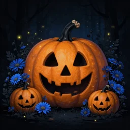 beautiful spooky digital matte painting of pumpkin patch illustration black and blue flowers and asters with fireflies enchanted dark background dark contrast by android jones