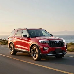 A red SUV inspired by a 2022 Ford Explorer and 2022 Chevrolet Tahoe; driving along the coast of California; golden hour; auto photography; action shot