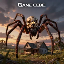 giant skull spider with bright glowing eyes hovering over a farm house at dusk, gamecube boxart