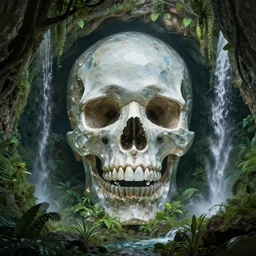 a matte painting of a giant crystal skull imbedded in an underground cave , overgrown jungle , waterfalls , gorgeous composition , trending on artstation , in the style of greg rutkowski