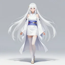 full body shot of a japanese princess young lady, beauty, with a long white, white hair, ayaka cosplay, artwork by Akihiko Yoshida