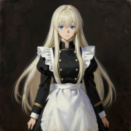 baroque oil painting full body portrait character concept art anime key visual, young female prussian maid, long straight platinum blonde hair blue eyes, fine detail symmetrical perfect face studio lighting delicate features directed gaze, black military uniform, gapmoe kuudere grimdark, trending on pixiv fanbox, painted by greg rutkowski makoto shinkai takashi takeuchi studio ghibli