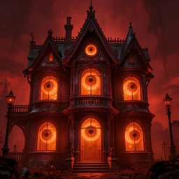 A Victorian House of The Void with big orange eyeballs staring out from the windows, Red and Orange colored, Lovecraftian, 4k, masterpiece, cinematic, glowing, by Greg Rutkowski, Trending on Artstation, Behance. Polished, Volumetric Lighting