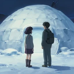 young girl back to us in front of an igloo in the tundra, mysterious matte painting by makoto shinkai and craig mullins, trending on artstation