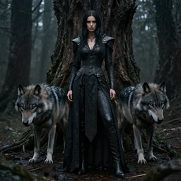 a beautiful female, 8 k, hyperrealistic, hyperdetailed, modern clothes full length body, dark fantasy, dark wood, rain, wolves, fantasy portrait by laura sava