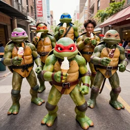 Teenage mutant ninja turtles live action are high and eating icecream, Greg Rutkowski, Darek Zabrocki, Karlkka, Jayison Devadas, Phuoc Quan, trending on Artstation, 8K, ultra wide angle, pincushion lens effect.