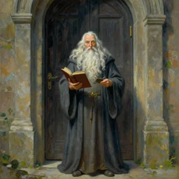 a beautiful painting of an old wizard holding a book and standing in front of an ancient door, by james gurney and greg rutkowski