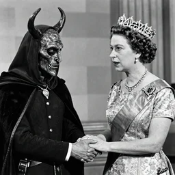 Black and White photograph of Queen Elizabeth the second holding hands with Satan, 4k, highly detailed, 1952