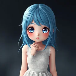 3 d anime girl, real life anime, cute, big eyes, blue hair, full body shot, lace dress, studio, smokey background, professional shot, 3 d, award winning, trending on art station, high detail