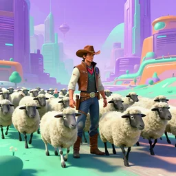 a herd of sheep being herded by a cyberpunk cowboy Shepard, cyberpunk cityscape Purple mint teal orange green pink