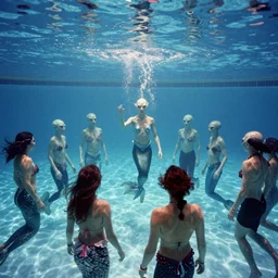 an ultra wide in colour 3 5 mm film photo of gathering of half alien half human half mermaid hybrids, hunting underwater in a public swimming pool, liminal spaces, ritual occult gathering, film grain