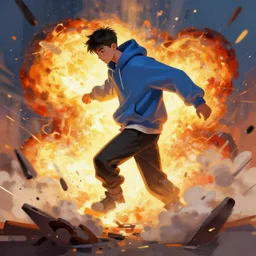 young man stepping out of an explosion, digital painting, concept art, hoodie, smooth, sharp focus, bright colors, illustration, artwork by hethe srodawa