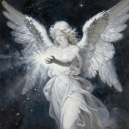 highdetailed hyperrealistic painting of white angel!!! no gender smiling noface!!!, light instead of hands, white sparkles everywhere, 4 k hd face!!!, angel bringing the light and give it to the space, big silver high detailed wings!!!, renaissance, by joan miro, holography space, glow effect, large strokes, monochrome!!!!!, digital painting, large paint strokes, textured oil painting, motion effect, blur effect, abstract painting