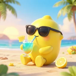 3 d render, octane render, very very very cute!!!!!! chibi lemon character sipping on a delicous caribbean drink wearing sunglasses relaxing on a tropical beach at sunrise