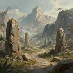The Sci-Fi stone landscape with mountains in the background, fantasy wallpaper, painted, 4k, high detail, sharp focus
