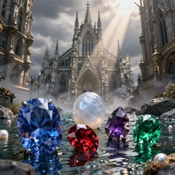 ruby, sapphire, celestine, moonstone, amethyst, garnet, emerald and pearl in the river, concept art, fantasy, gothic cathedral, light through the mist, dramatic lighting, photorealistic, cinematic lighting, high detail, cinematic feel, high octane, 4K, Unreal Engine, digital render, intricate, ultra realistic, crepuscular ray, low angle, superwide shot, lunapunk