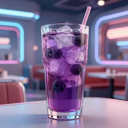 crisp detailed photo of a tall glass of grape soda with dripping condensation, futuristic diner setting, cyberpunk atmosphere. DAZ. 3D.