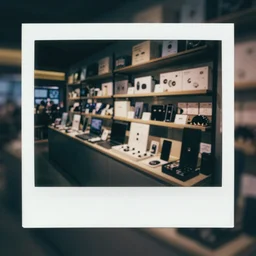 liminal polaroid of an electronics section at night, art by tim hildebrandt, deep depth of field. highly detailed, hyper realism, hd, 4 k