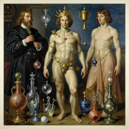 unique morphed character with alchemical artifacts around, monumental painting by gerrit van honthorst and hajime sorayama and devis stuart, illusion surreal art, highly conceptual figurative art, intricate detailed oil illustration, controversial poster art, polish poster art 1 9 8 0