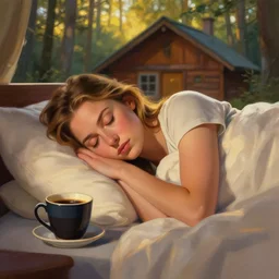 close portrait of sleepy mila kunis waking up with coffee, dramatic light, morning golden hour, forest cabin background, 2 0 0 mm focal length, 1 9 7 0 s, painted by stanley lau, painted by greg rutkowski, painted by stanley artgerm, digital art, trending on artstation