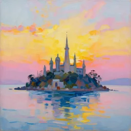 acrylic painting, impressionism and expressionism, bold pastel colors, expressive brushstrokes, a spectacular sunset over the shore of the island of monuments and statues, by andreas rocha, trending on artstation