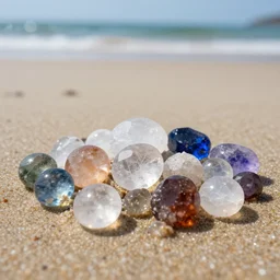 Round, transparent and colorful crystals on the beach by the sea, professional photography