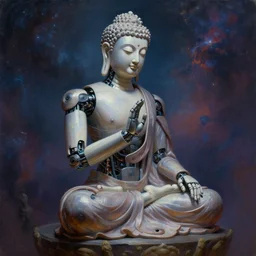 biomechanical robot buddha preaching enlightenment to humans, volumetric lighting, volumetric shadows, highly detailed, cosmic background, realistic oil painting by greg rutkowski,