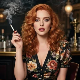 sophisticated portrait of Christina Hendricks, flower power, thick cigarette smoke Paris bar, elegance, highly detailed, shallow depth of field, concept art, Artstation, Artgerm, Donato Giancola, Joseph Christian Leyendecker, WLOP