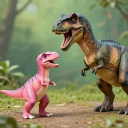 a pink dinosaur fighting with a real dinosaur