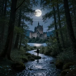 An image of a moonlit forest, with a river running through it, it has a lake in the distance, a castle at its center, and a single, solitary figure standing in the middle of it all who is gazing out at the world