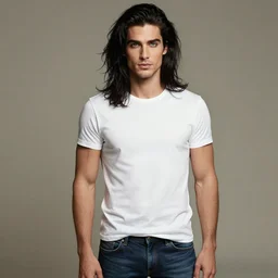 a beautiful portrait handsome man, sexy fantasy full body professionally retouched, soft lighting, wearing t shirt and jeans, realistic, hyperrealistic hyperdetailed smooth face, perfect green eyes, black long hair with black highleights, wide angle, sharp focus on the eyes, 8 k high definition, insanely detailed, intricate, elegant, art by artgerm and wlop