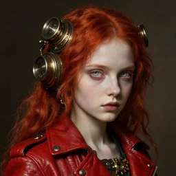 head and shoulders steampunk portrait of a young girl in a red leather jacket, pale skin, piercing pale eyes, red hair, vibrant color, high detail, masterpiece by artgerm, craig mullins, ruan jia, peter mohrbacher, caravaggio