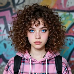 highly detailed portrait of a sewer punk lady student, blue eyes, tartan hoody, curly hair by atey ghailan, by greg rutkowski, by greg tocchini, by james gilleard, by joe fenton, by kaethe butcher, gradient pink, brown, light blue and white color scheme, grunge aesthetic!!! ( ( graffiti tag wall background ) )