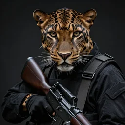 a panther as a soldier in dark military gear, close up, dark background, rifle, realistic