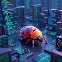 a very cute bug crawling out of a vast 3 d landscape of jumbled computer code, hyperrealistic, 3 d, 8 k, artstation, very detailed, neon colors