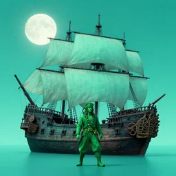 turquoise moonlight, a green pirate stands beside his wrecked full sail fifteenth century carrack at the bottom of a dried - up lake in an ivory desert, evangelion, kyoto animation still, intricately detailed features, digital painting, yoshiyuki sadamoto