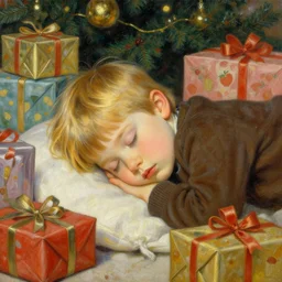 four year old with short blonde hair, asleep at christmas. surrounded by gifts. high quality detailed face. beautiful painting by artgerm and greg rutkowski and alphonse mucha