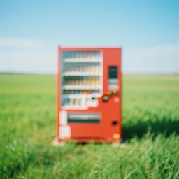 blurry vibrant surreal dream like photo of a vending machine in the middle of an infinite grasd field at broad daylight taken using dream recording device