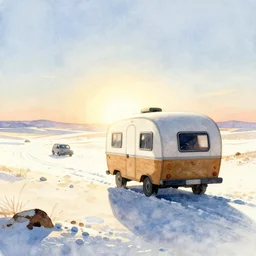 caravan travelling through icy desert. watercolor by moebius and clamp, backlighting.