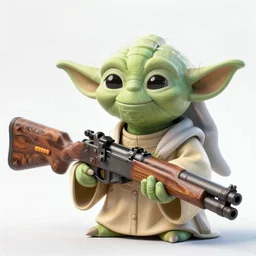 middle eastern yoda with a realistic makeshift pipe rifle chambered in .50 cal giant gun that is much larger than yoda who looks tiny in comparison, angry expression