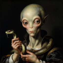 a baroque close - up portrait painting of a whimsical alien magician holding a snake. black background. highly detailed science fiction painting by norman rockwell, moebius, frank frazetta, and syd mead. high contrast. renaissance masterpiece. artstation