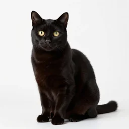 studio photograph of a highly intelligent black cat sitting in a white room